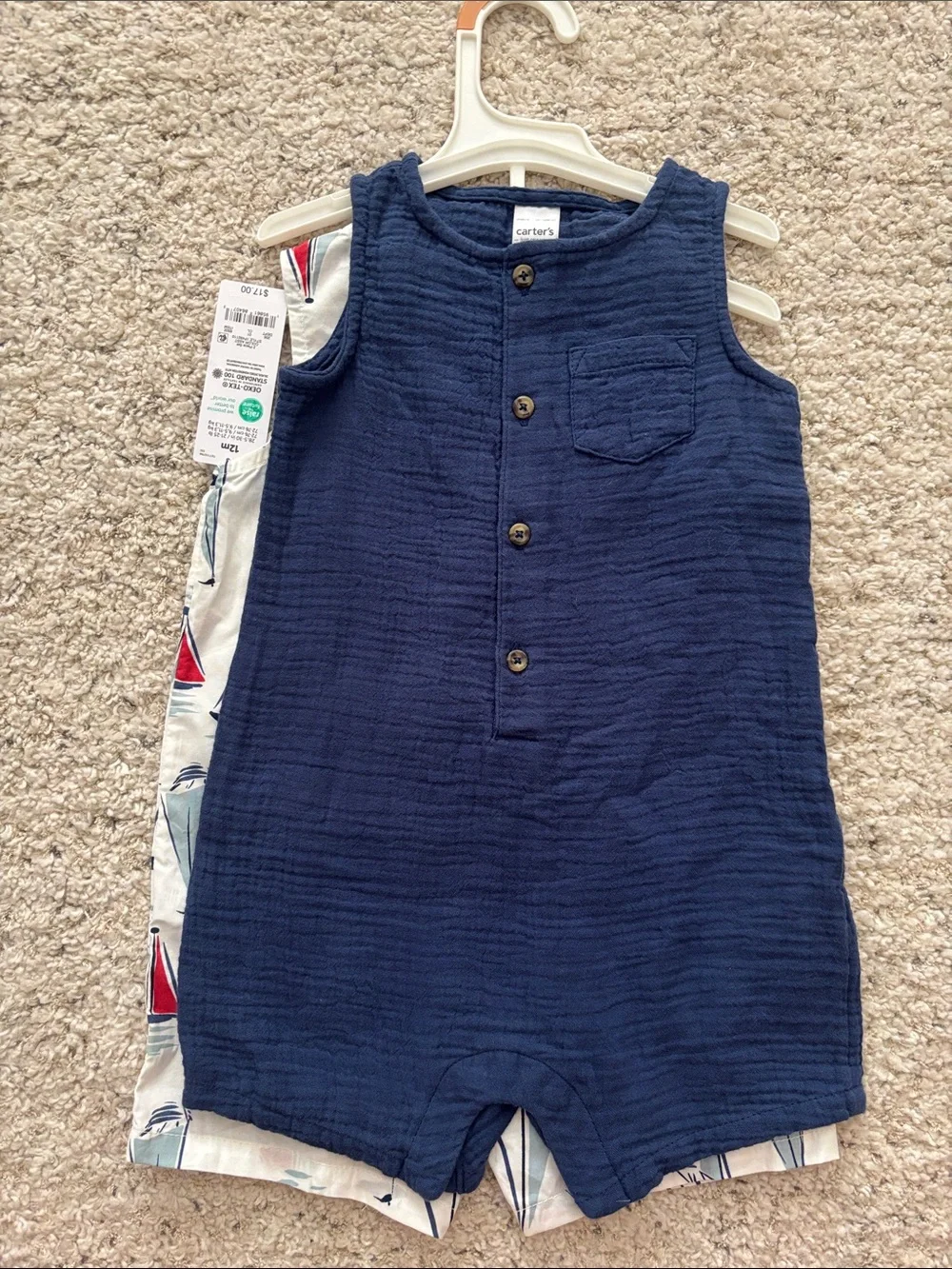 Carter's 12M Sailboat Print and Gauze Sleeveless Romper - White, Red & Navy